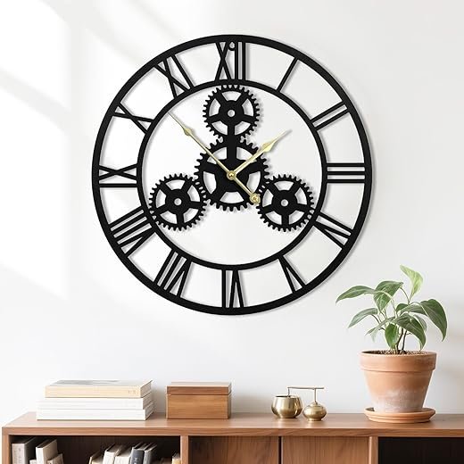 20inchesWall Clocks for Living Room Deco Metal Non Ticking Silent Battery Operated Roman Numeral Oversized Gear Wall Clocks for Bedroom Kitchen Fireplace Office Farmhouse