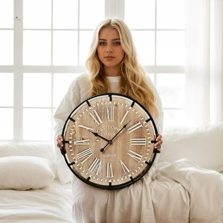 20 inch grand farmhouse wall clock, vintage-inspired wood & metal design with large etched numbers, silent battery-powered timepiece for offices, kitchens, bedrooms, and living rooms