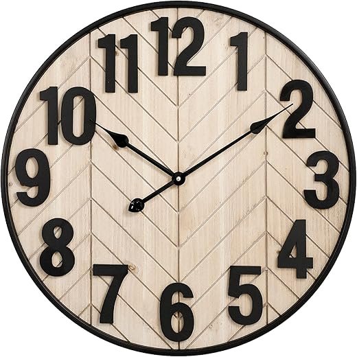24 Inch Large Wall Clock for Living Room Decor, Rustic Wooden Farmhouse Wall Clock with Black Metal Frame, Battery Operated Non-Ticking Silent Wall Clocks for Home Decor (Brown)