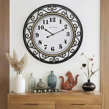 24 Inch Vintage Iron Metal Frame Wall Clock Silent - Elegant Retro Decor for Living Room - Kitchen - Office - and Bedroom - Dining Room - Battery Operated