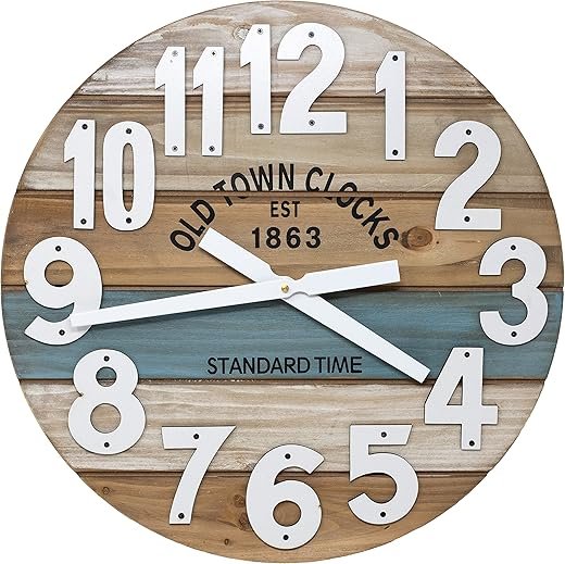 24 Wooden Multi-Color Maritime Coastal Beach Large Number Wall Clock (Blue, 24 inch)