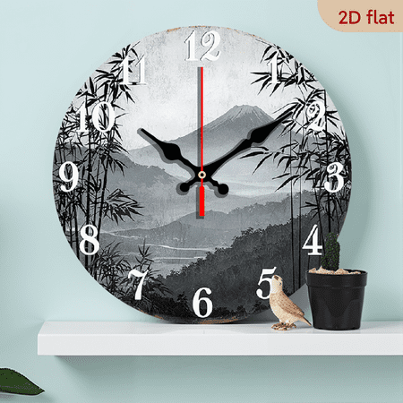 2D Flat 1pc 10Inch Silent Japanese Inspired Bamboo Forest Wall Clock Non Ticking Wooden Round Clock with Mountain Lake Design, Perfect for Kitchen, Study, Hallway, Living Room