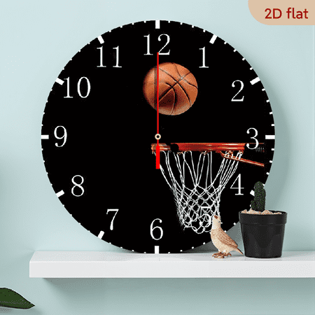 2D Flat 1pc 10Inch Sports-Themed Wooden Wall Clock with Basketball and Hoop Design, Silent, Battery Operated, Suitable for Living Room, Bedroom, Office Decor, Great Choice for Birthday, Holiday