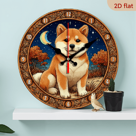 2D Flat 1pc 10Inch Vintage Japanese Shiba Inu Dog Wall Clock - Silent Quartz Movement, Cute Anime-Inspired Wooden Round Clock with Black Hands White Face, Battery-Powered (AA Not Included) for Home