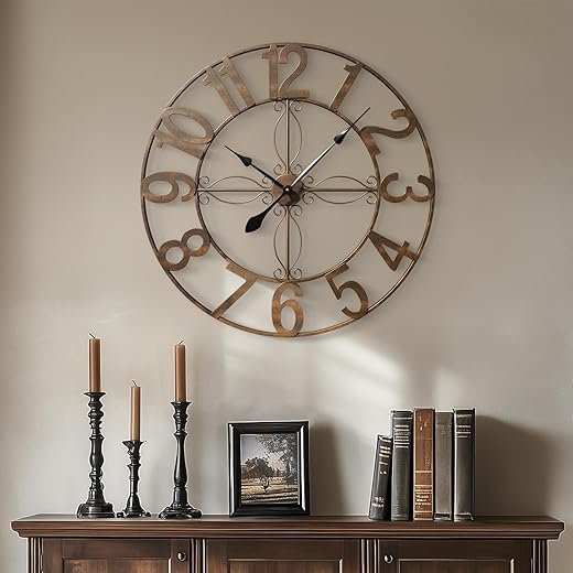 30 Inch Wall Clock, Large Decorative Wall Clock for Living Room, Silent Non-Ticking Battery Operated Metal Round Retro Rustic Arabic Numerals Analog Bronze Clock for Kitchen Mantel Office