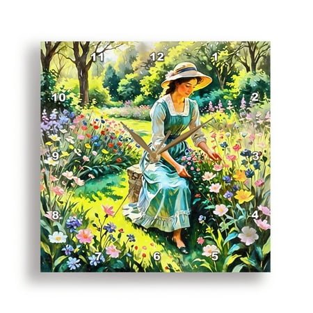 3dRose, A Lady In An English Country Garden Surrounded By Flowers, 10x10 Wall Clock