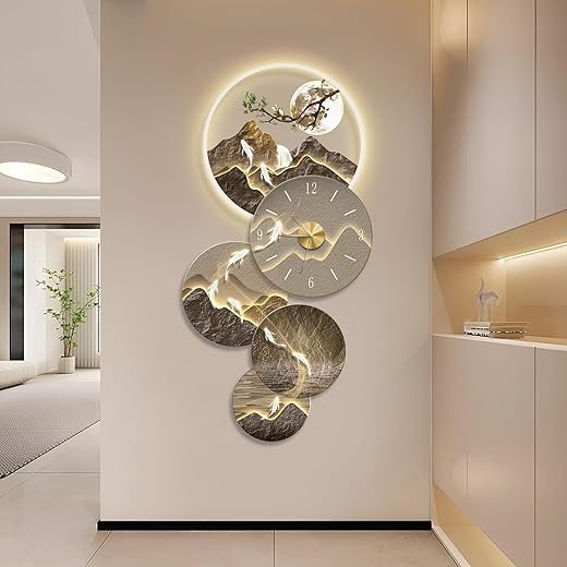 3D Wall Art Decor Led, Large Metal Wall Art with Lights, Remote Control Modern Hang Sculpture with Clock, Home Hanging Decor for Living Room, Bedroom, Office, Corridor, Entrance