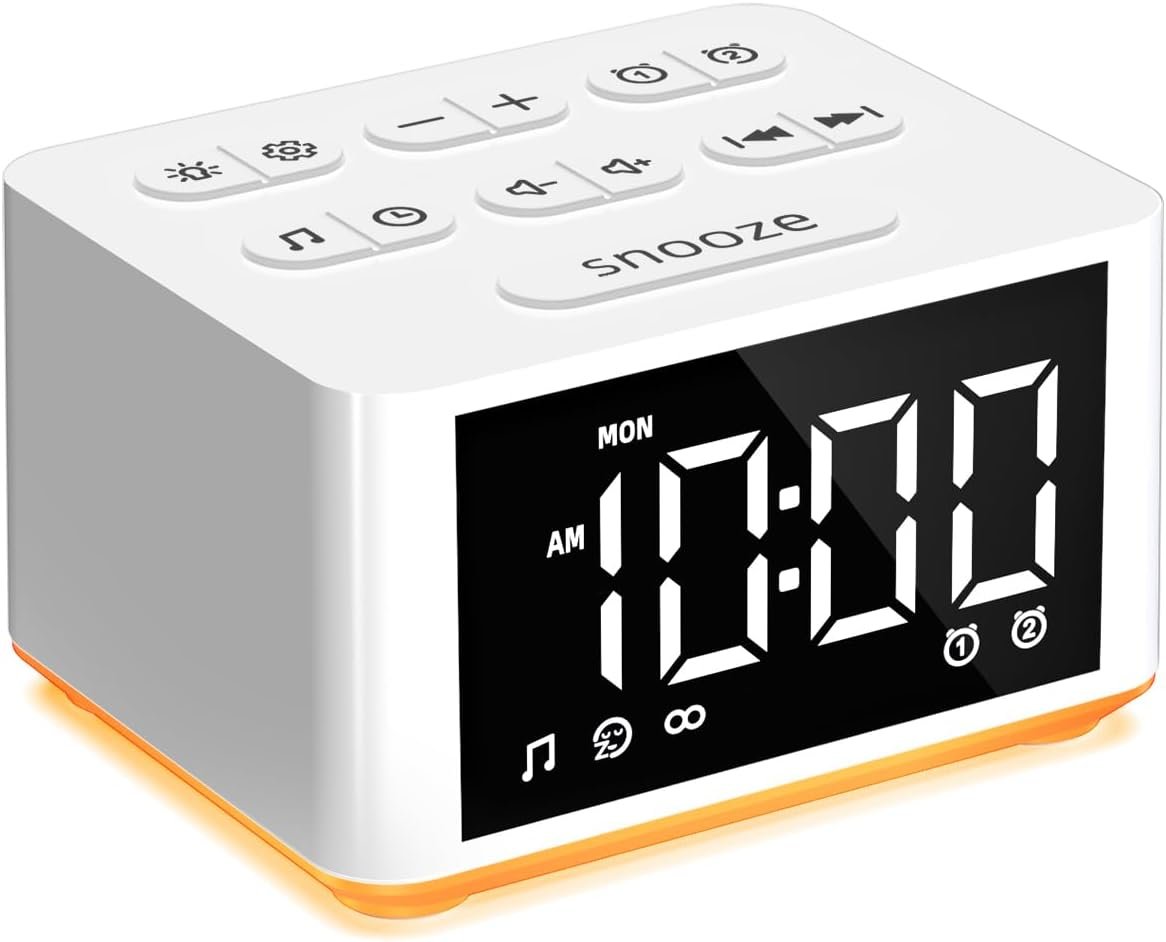 【3 in 1】 Small Sound Machine Alarm Clock Night Light White Noise Machine 27 Sleeping Sounds for Adults Kids Precise 32 Level Volume Sleep Timer Memory Function Digital Clock with 30 Wake Up Sounds