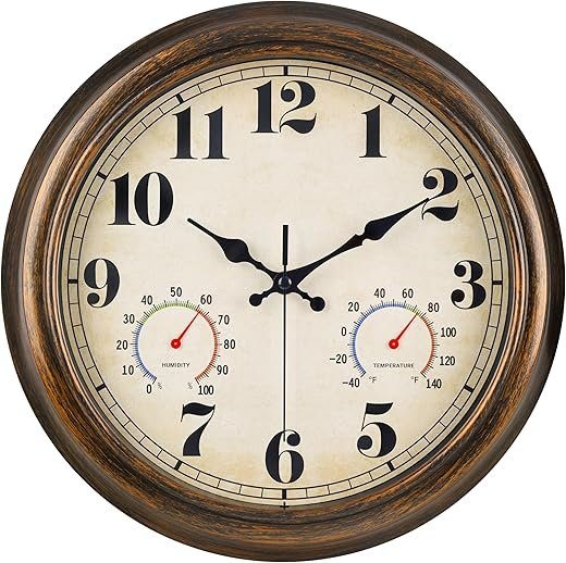 45MinST 13-Inch Vintage Outdoor Wall Clock with Thermometer and Hygrometer, Waterproof, Large Numbers, Silent, for Indoor and Outside Use,Porch,Garden,Pool(Bronze)