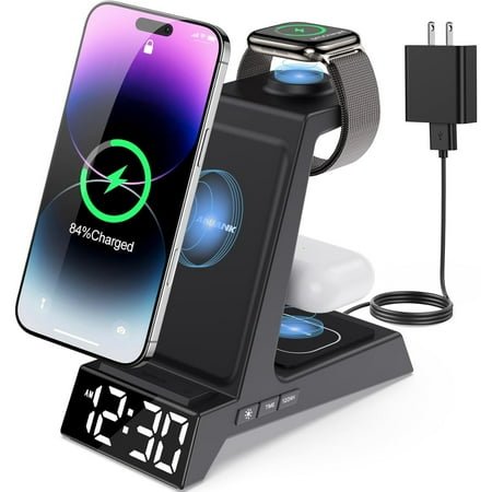 4 in 1 Wireless Charging Station Alarm Clock, Charging Dock for Apple Devices, Charger Stand for iPhone 17 16 15 14 13 12 11 Pro Max for Apple Watch 10/9/8/7/6/5/UItra & AirPods, Dimmable