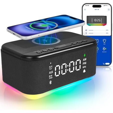 5-inch Black Bluetooth Alarm Clock Radio - Digital Dual Alarm (Up to 10), Night Light Speaker, FM, Charging, Snooze, App/Button Control