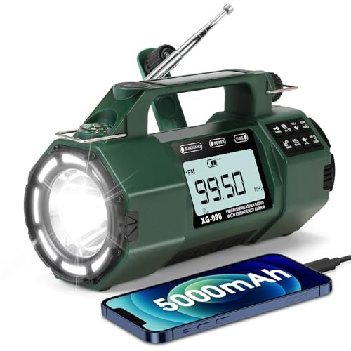 5000mAh Emergency Hand Crank Radio, FM/AM/SW Weather Radio NOAA Alert with Battery Backup, Solar Powered Radios & USB-C Charging, Sleep Timer Clock Alarm, Headphone Jack, SOS Alarm for Home/Outdoors