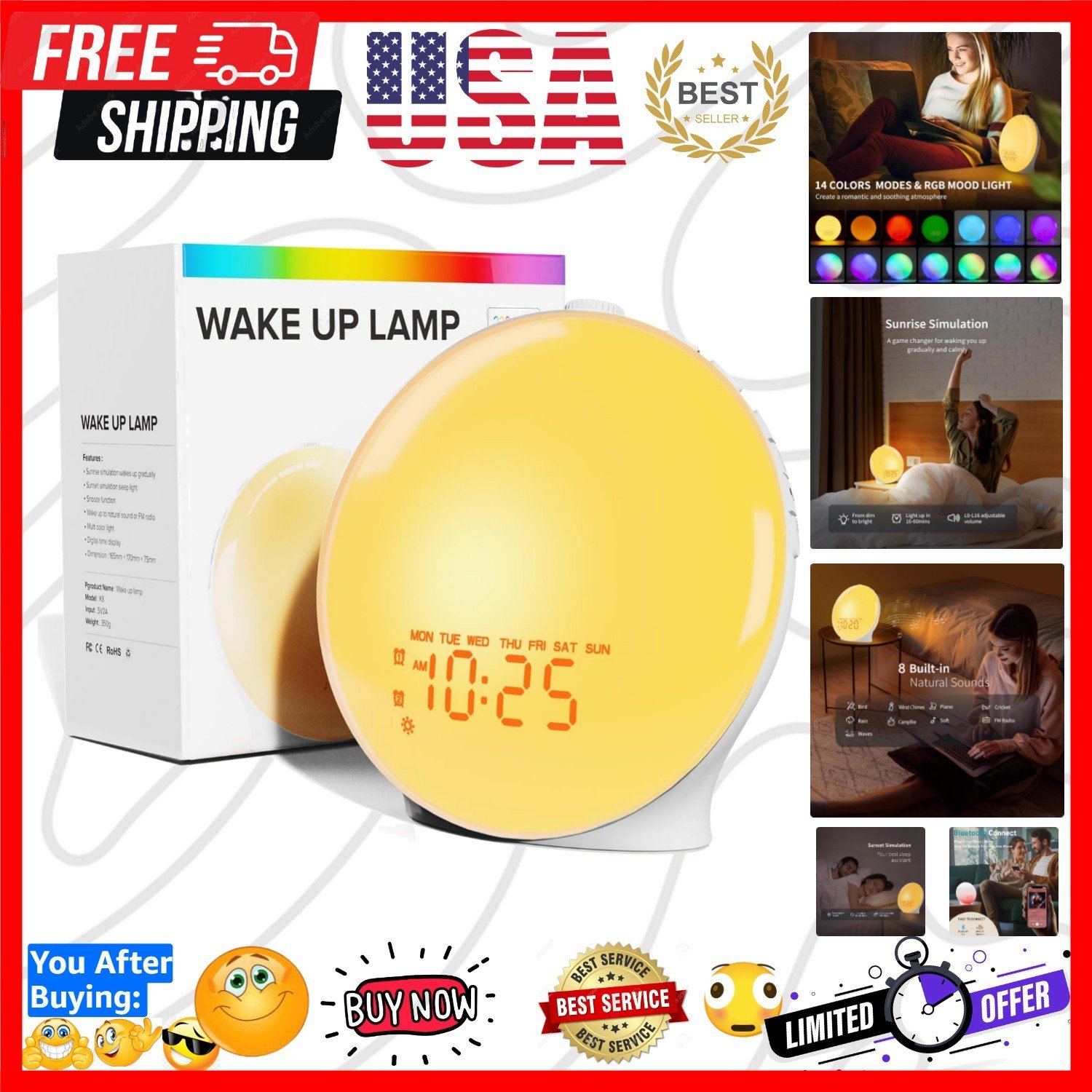 5W Stereo Bluetooth Alarm Clock with Sunrise Simulation & Colorful LED Light