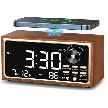 6-inch Retro Vintage Alarm Clock Radio - Fast Wireless Charging, Dual Alarms, Large LED Display, Dimmer, Brown for Bedroom
