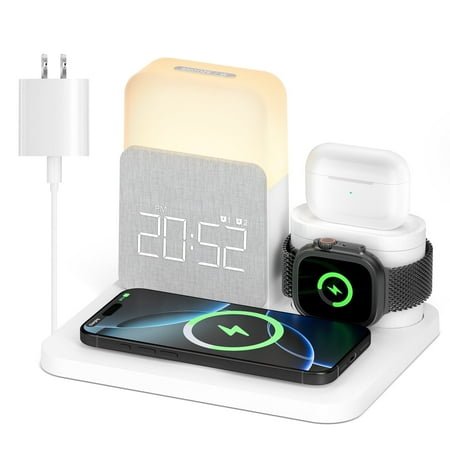7-in-1 Wireless Charging Station Alarm Clock with Mag-Safe, Night Light for iPhone 16/15/14/13/12 Pro Max, Apple Watch & AirPods White