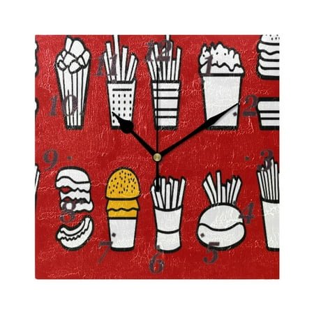 7.78in Fast Food Collection Pattern Square Wall and Table Clock Dual Use Vintage Design in Black or Gold