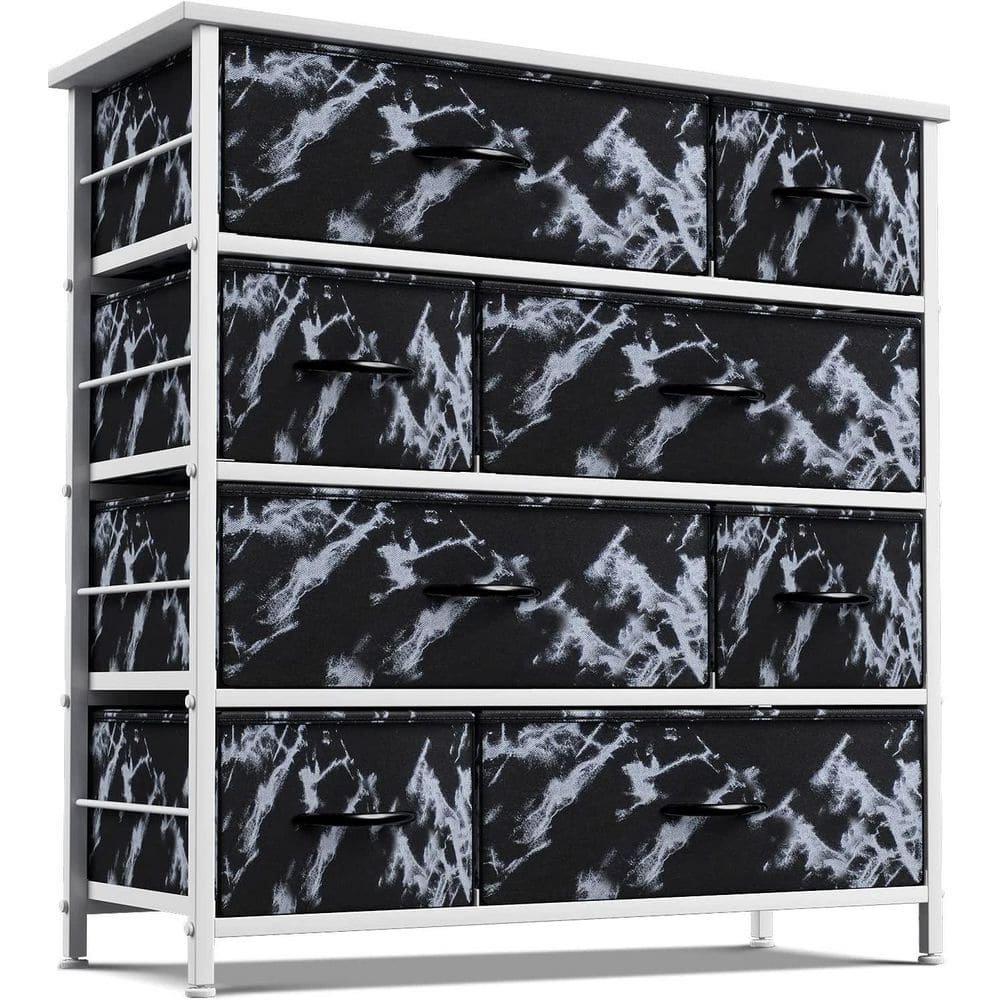 8-Drawer Marble Black Dresser White Frame Wood Top Easy Pull Fabric Bins...