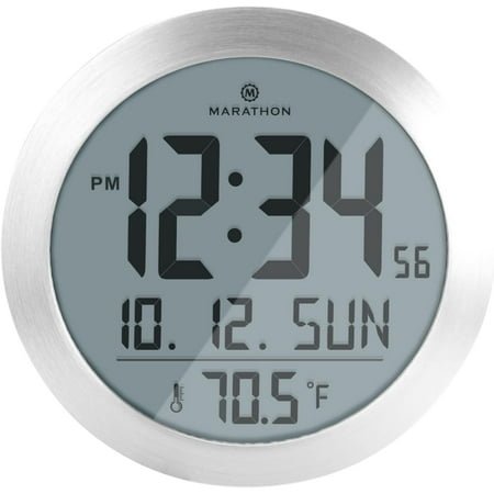 **8-inch round digital wall clock, stainless steel - large, easy-to-read display - am/pm or 24-hour time, eight time zones, indoor temperature, date