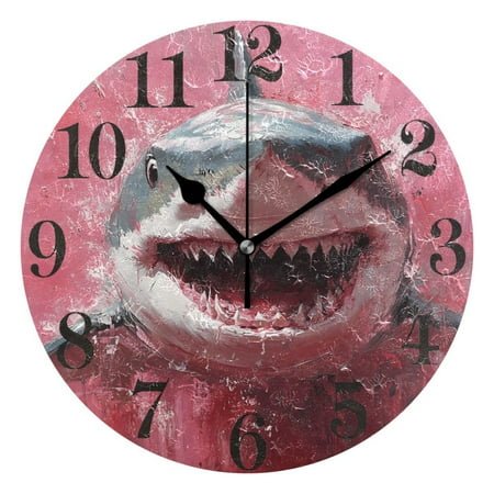 Aggressive Shark Round Wall Clock Battery Operated Silent Non-Ticking Bedroom Office Kitchen Home School Decor 10(Black)
