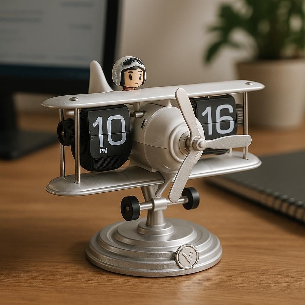 Airplane Flip Clock 12 Hours, Silent Retro Digital Desk Clock with Auto Flip Mechanism, Battery Powered Retro Flip Calendar for Home Office Bedroom Decor (White)