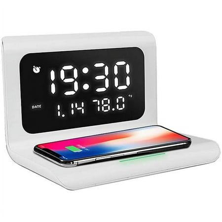 Alarm Clock Digital with Qi Charging Station, 10W Wireless Charger with Alarm Clock Compatible for Huawei Mate P30 Pro/20 Pro, Galaxy S20/S10/S9/S8, iPhone 11 Pro/XS/XS Max/8 Plus, White