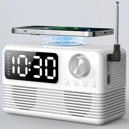 Alarm Clock FM Radio, Bluetooth Speaker with 15W Fast Wireless Charger, 4 in1 Wireless Charging Station for iPhone, Android Phones, Clock Radio for Bedroom Easy to Use for Seniors and Kids as Gift