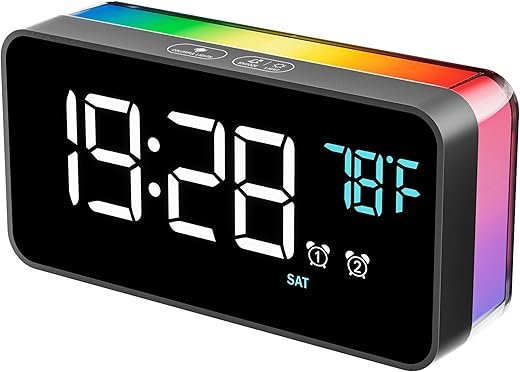 Alarm Clock for Bedrooms,Heavy Sleepers,Desk Digital Clock with Temperature,Large Display,RGB Night Light,Dimmable Bedside Alarm Clock,Dual Alarms.Auto Sync of Phone Time