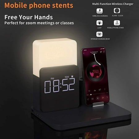 Alarm Clock with Wireless Charger, Night Light, Wireless Charging Station, 3 in 1 Charging Station, iPhone 12/13/14/15/16 Pro/13 Mini/13 Pro Max/12 pro, AirPods