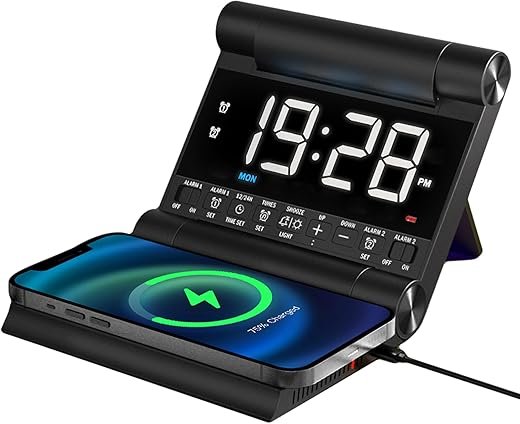 Alarm Clock with Wireless Charging for bedrooms, Heavy Sleepers, Travel, Teens, Digital Smart Desk Clock, Dual Alarms, 4 Level Brightness, Foldable Design,Build-in Battery