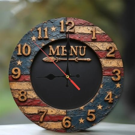 American Flag Menu Chalkboard Wall Clock Rustic Decor 10-Inch Silent Wooden Wall Clock, Battery Operated (AA Batteries Not Included), Artistic Home Decor