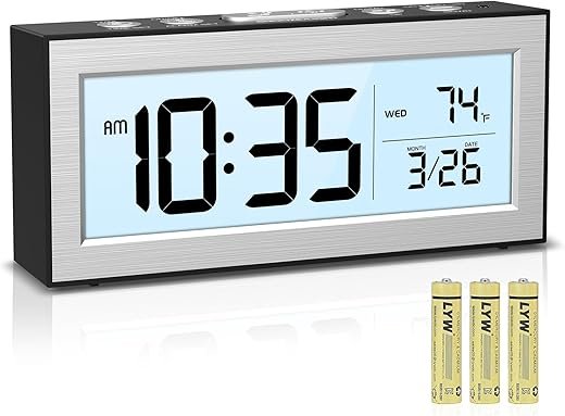 AMIR Night Light Digital Alarm Clock, Battery Operated Clock with Temperature Date, Large LCD Screen Desk Clock for Bedroom,Office,Travel (Batteries Included)