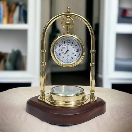 Antique Brass Compass Base Hanging Table Clock, Silent Clock