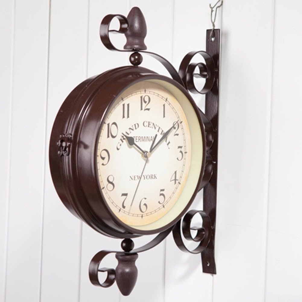 Antique Wrought Iron Wall Clock, Round Wall Hanging Double Sided Two Faces Retro Station Clock Round Chandelier Wall Hanging Clock For Wall Side Mount Home Décor Wall Clock