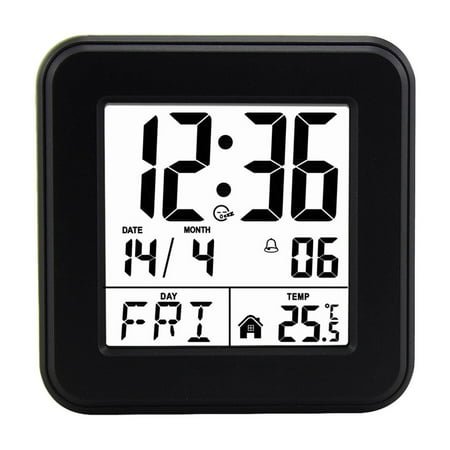 AQITTI Home Clock Alarm Clock Bedside Battery Powered Lcd Digital Clock with Date & Day Snooze Temperature 12/24H Backlight 3 Volumes Silent Travel Small Clock for Heavy Sleepers Included Batt