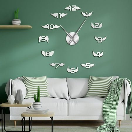 Arabic Number With Wings Modern DIY Giant Wall Clock Angel Wing Nursery Kid Room Decorative Acrylic Mirror Effect Wall Art Watch(Black,27inch)