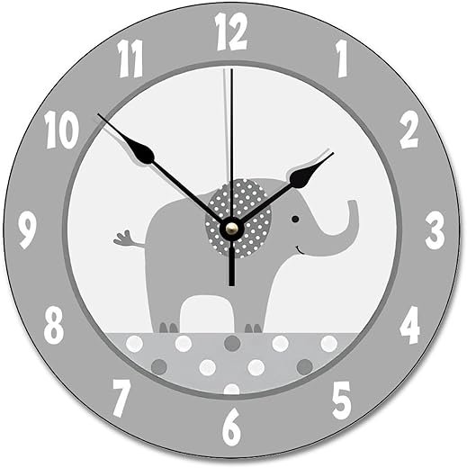 ArogGeld Gray and White Elephant Wall Clock Nursery Wood Clock 10 Inch Silent Non-Ticking Wooden Wall Clocks Battery Operated Living Room Bedroom Kitchen Farmhouse Decor Christmas Birthday Gift