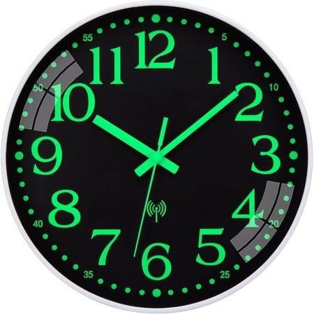 Atomic Glow in The Dark Wall Clock Silent Non Ticking Battery Operated Analog Sets Automatically Easy to Read Digital Light Up Modern Design 12 Black for Living Room Bedroom Kitchen Bathroom