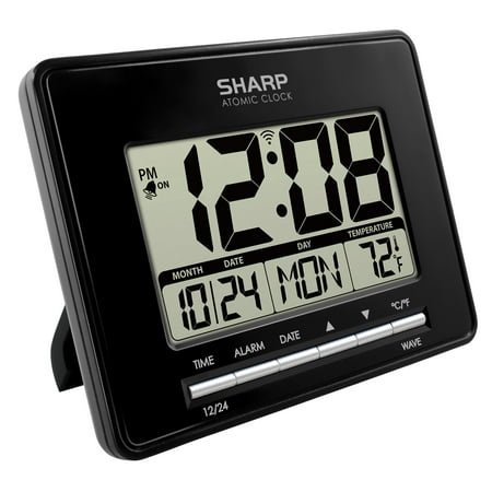 Auto Set Atomic Alarm Clock with Large Display, Accurate Time Date Temp for Home Office Nightstand, Desktop Digital Clock, Black