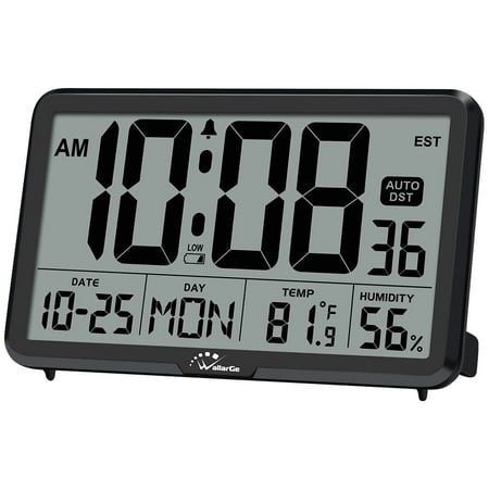 Auto Set Digital Wall Clock with Temperature Humidity Date, Large Display Battery Operated Desk Alarm Clock for Elderly Bedroom Office, 8 Time Zones Auto DST, Black