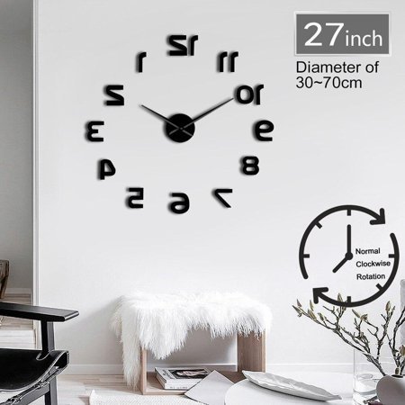 Backwards Reverse DIY Large Number Wall Clock Modern Giant DIY Clocks 3D Mirror Effect Wall Sticker DIY Huge Wall Watch Decor(Black,27inch)