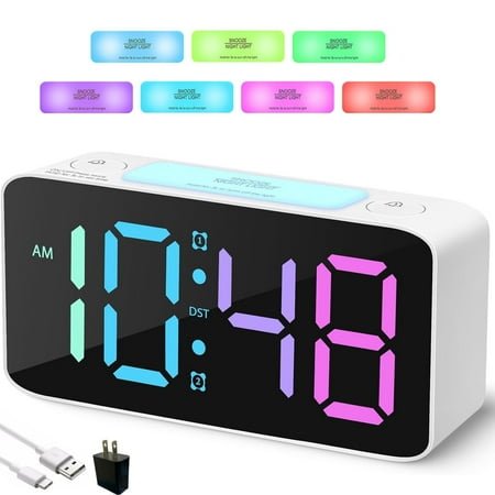 BAKIBO Alarm Clock for Heavy Sleepers, Digital Alarm Clock for Bedroom, Desk Clock with Large Night Light and 7 Color Changing, USB and Battery Powered, Loud Alarm Clock for Kids Adults