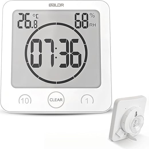 BALDR Digital Shower Clock with Timer Water-Resistant, Countdown Timer Clock with Temperature & Humidity, Digital Clock for Shower, Bathroom Clock, Alarm Clock Battery Powered - White