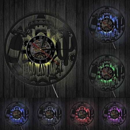 Bar Alcohol Restaurant Wine Drink Wall Art Pub Wall Decor Wall Clock Vintage Vinyl Record Wall Clock Tequila Club Business Sign With LED