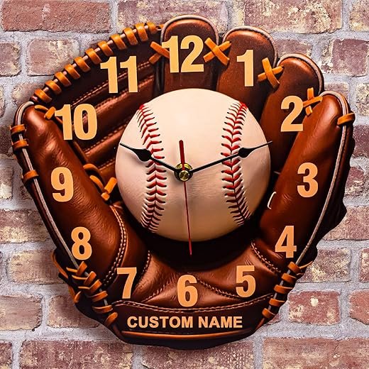 Baseball Glove Wall Clock with Customizable Name,Wooden Printing,Silent Pointers,Using AA Batteries，16,14,12,10 inches,Brown Leather Design,Living Room,Bedroom,Office Decoration