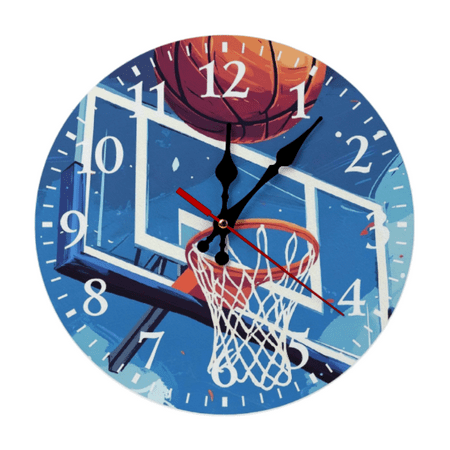 Basketball-Themed Artwork Wooden Silent Wall Clock with Vibrant Blue Hoop Designfor Living Room, Bedroom, Office Decor, Sports Theme Design10-Inch (AA Battery Not Included)