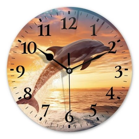 Battery Operated Analog Wall Clocks Non-Ticking Silent Modern Clock Decorative for Home,Office-Dolphin Jumping Out Of The Water At Sunset(10inch)