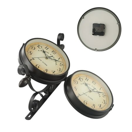 BCLONG Vintage Double Sided Wall Clock Wrought Iron Train Grand Station Style