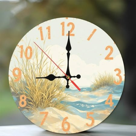 Beach Seagrass Wall Clock Coastal Ocean Decor 10-Inch Silent Wooden Wall Clock, Battery Operated (AA Batteries Not Included), Artistic Home Decor