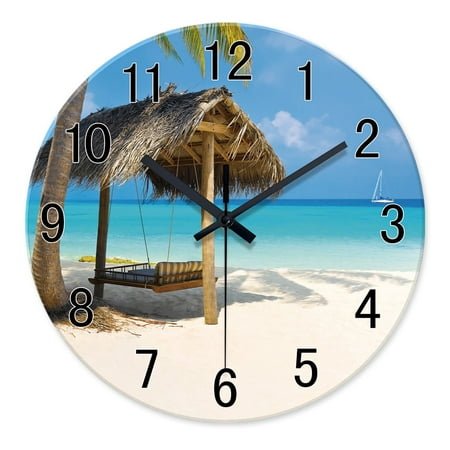 Beach Wall Clock Battery Operated 12 Inch Glass Wall Clocks Silent Non Ticking Hawaii Summer Tropical Coastal Clock for Kitchen Bedroom Living Room