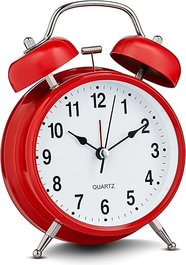 Bernhard Products Analog Alarm Clock 4 Twin Bell Vintage Red Silent Non-Ticking Quartz Battery Operated Extra Loud with Backlight for Bedside Table Desk, Retro Clocks Old Fashioned for Heavy Sleepers